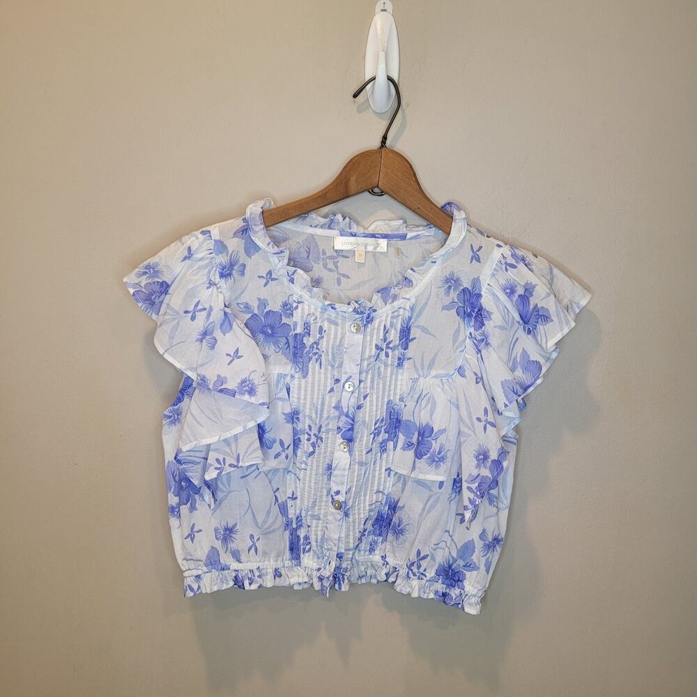 Love Shack Fancy Cotton Floral Blue White ButtonUp Cropped Nora Top XS Boho Chic - Picture 3 of 14